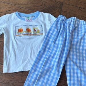 Blue & White Pumpkin Train Kids Set - Embroidered Top
